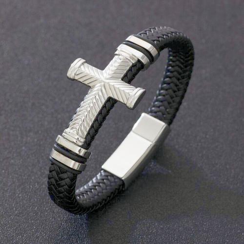 A14807-Argent - Bracelet Classique En Cuir Tissé Noir Pour Hommes, Boucle De Sécurité Cachée Magnétique Croisée Incrustée, Cadeau D'affaires Décontracté