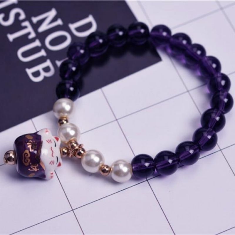 Zjjba00196 - Bracelet De Chat Porte Bonheur Mignon Pour Filles, Bracelets De Perles Colorés Réglables, Pendentifs De Chat En Céramique, Bracelets De Charme, Bijoux En Gros