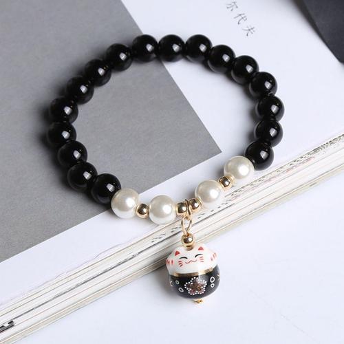 Zjjba00188 - Bracelet De Chat Porte Bonheur Mignon Pour Filles, Bracelets De Perles Colorés Réglables, Pendentifs De Chat En Céramique, Bracelets De Charme, Bijoux En Gros