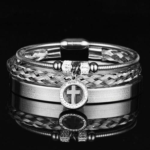 Ensemble En Argent A - Bracelet De Luxe En Acier Inoxydable Pour Hommes, Ensemble De 3 Pièces, Micro Pavé, Croix, Hip Hop, Bijoux, Breloque, Brangle Ouvert, Sculpture Écriture Espagnole