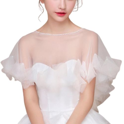 Womens Wedding Cape Sheer Tulle Ruffles Trim Bridal Capelet Bolero 1920s Ladies