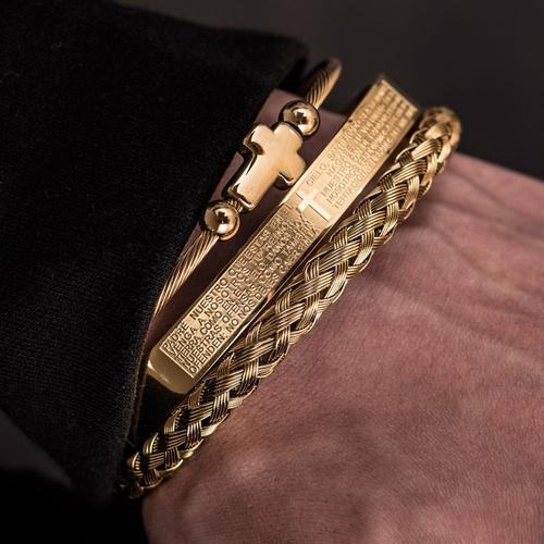 Or Ensemble D - Bracelet De Luxe En Acier Inoxydable Pour Hommes, Ensemble De 3 Pièces, Micro Pavé, Croix, Hip Hop, Bijoux, Breloque, Brangle Ouvert, Sculpture Écriture Espagnole