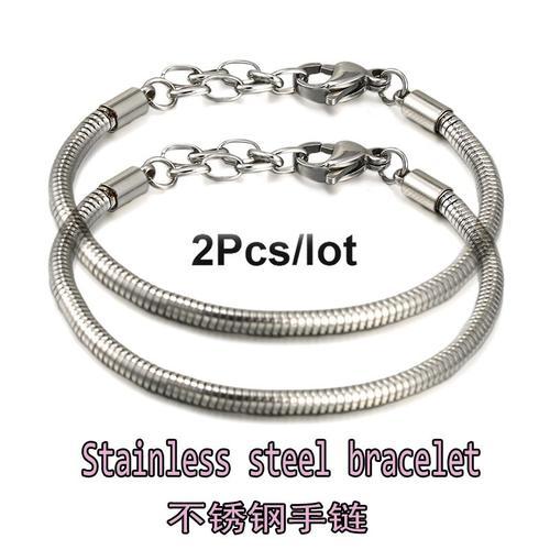 2 Pièces - 17cm - Bracelet En Argent Plaqué Avec Logo 925, Chaîne En Os De Serpent De 3mm, Adapté À La Marque D'origine, Bracelet D'amitié À Faire Soi-Même