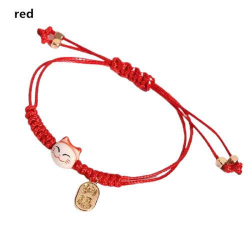 Rouge - Bracelet En Céramique Fait À La Main Pour Femmes Et Filles, Corde Colorée, Chat Porte-Bonheur, Cadeau D'anniversaire, Breloque Pompon, Mode Maneki Neko Couple