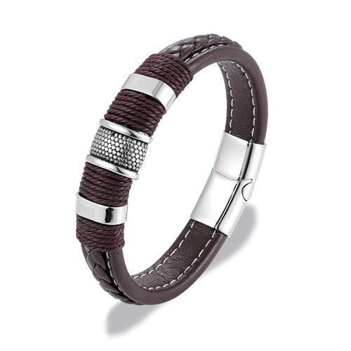 Café D'argent - 21cm - Bracelet En Cuir Et Titane Pour Hommes, Bijou À Multicouches Tressées, En Acier Inoxydable, Magnétique, De Couleur Bleue