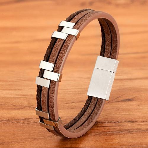 Café - 21cm - Bracelet En Cuir Pour Homme, Accessoires De Couture À Trois Couches, En Acier Inoxydable, Design Avancé, Style Cadeau