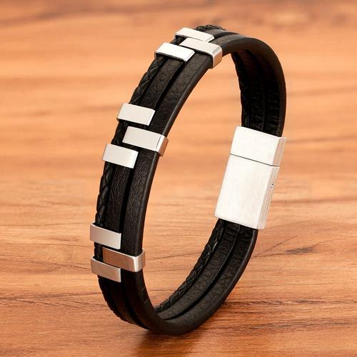 Noir - 19cm - Bracelet En Cuir Pour Homme, Accessoires De Couture À Trois Couches, En Acier Inoxydable, Design Avancé, Style Cadeau