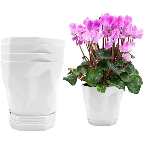 Lot de 5 pots de fleurs en plastique blanc de 15 cm avec trou de drainage  et soucoupe pour intérieur et extérieur, rose, fleur, orchidée, aloès,  cactus, herbes