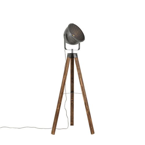 Qazqa Industriel Industriã«Le Vloerlamp Tripod Staal Met Hout Kantelbaar - Emado Acier /Bois Marron,Acier Oblongue / Luminaire / Lumiere / ÃClairage / Intã©Rieur / Salon E27 Max. 1 X 40...