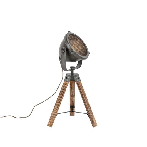 Qazqa Industriel Industriã«Le Tafellamp Tripod Staal Met Hout Kantelbaar - Emado Acier /Bois Marron,Acier Oblongue / Luminaire / Lumiere / ÃClairage / Intã©Rieur / Salon E27 Max. 1 X 40...