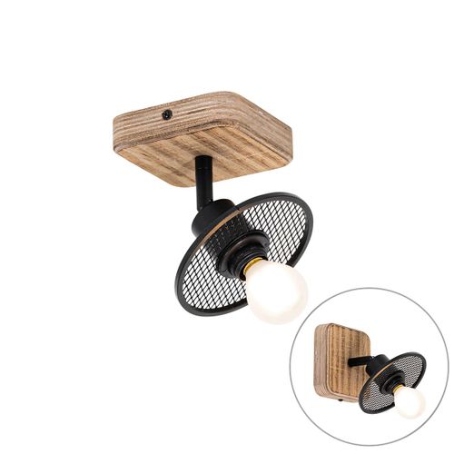 Qazqa Industriel Industriã«Le Plafondplafonnier Spot Zwart Met Hout - Jasmijn Acier /Bois Marron,Noir Carrã© / Luminaire / Lumiere / ÃClairage / Intã©Rieur / Cuisine E14 Max. 1 X 25 Watt