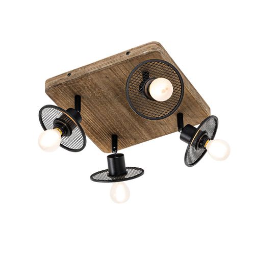 Qazqa Industriel Industriã«Le Plafondplafonnier Spot Zwart Met Hout 4-Lichts - Jasmijn Acier /Bois Marron,Noir Carrã© / Luminaire / Lumiere / ÃClairage / Intã©Rieur / Salon / Cuisine E14...