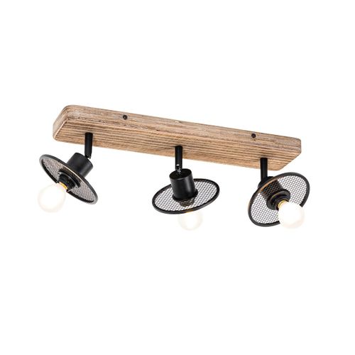 Qazqa Industriel Industriã«Le Plafondplafonnier Spot Zwart Met Hout 3-Lichts - Jasmijn Acier /Bois Marron,Noir Oblongue / Luminaire / Lumiere / ÃClairage / Intã©Rieur / Salon / Cuisine E14...