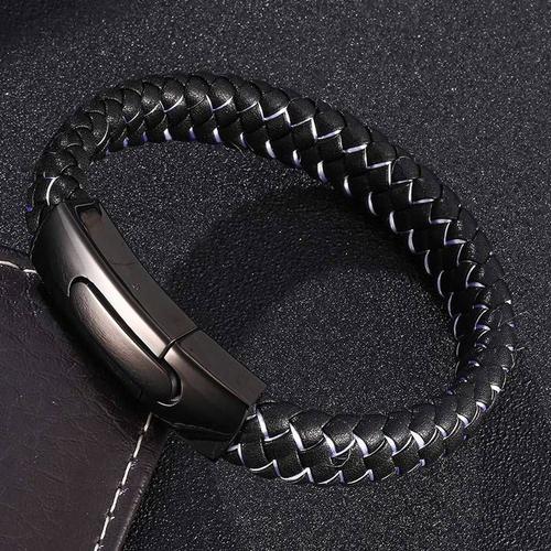 0046h - Périmètre Intérieur185mm - Bracelet En Cuir Tissé Mixte Pour Hommes, Bijoux Tendance, Noir Rouge, Fermoir Magnétique En Acier Inoxydable, Bracelets De Fête, Cadeau Sp0013