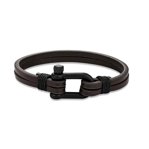 Café - 19cm - Bracelet En Forme De U Pour Hommes Et Femmes, Gourmette En Cuir Multicouche Fait À La Main, Boucle De Sport En Acier Inoxydable Noir, Style Extérieur