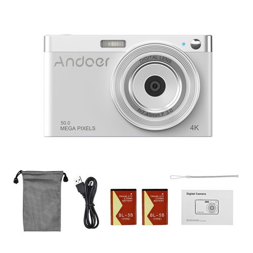 avec une carte 32 Go - BLANC - Andoer Caméscope vidéo numérique compact 4K, 50MP, écran IPS 2.88 pouces, mise au point automatique, n'aime 16X, poignées qualifiée ales, flash de capture en polaire