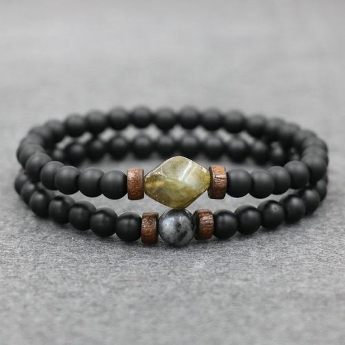 Noir Mat - 19cm - Bracelet En Pierre De Lave Pour Hommes, Labradorite, Pierre De Lune, Perles, Chakra Yoga, Perles En Bois, Bijoux Pour Hommes