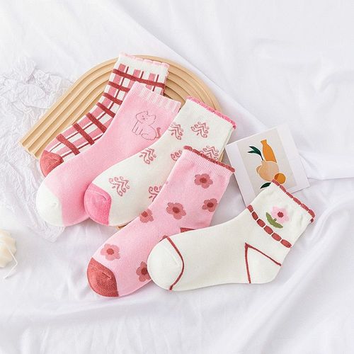Chaussettes En Tricot À Fleurs Roses Pour Enfants, 5 Paires, Chaussettes Chaudes Pour Filles, Bas Moyens Pour Femmes