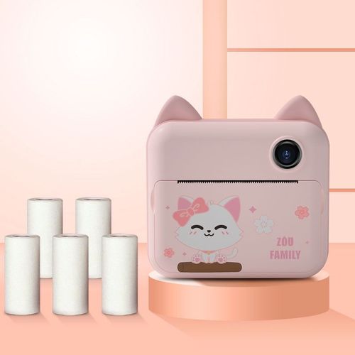 Chat 5 rouleaux - Appareil photo instantané à impression pour enfants, vidéo 1080P, appareil photo numérique avec papier imprimé, cadeau'anniversaire pour enfant, fille, garçon