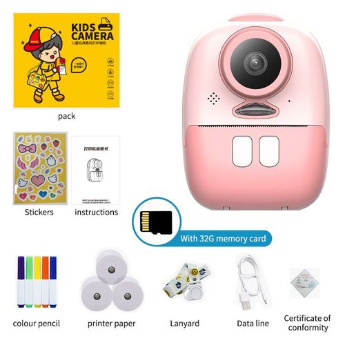 Rose avec carte 32 g - Appareil Photo Instantané pour Enfant, Vidéo Numérique HD 1080P, avec Papier Imprimé, Interrupteur Jouet, Cadeau'Anniversaire