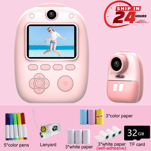 avec cadeau - 32g 3 types papier - Appareil Photo instantané pour enfants, 1080P, 2600W Pixels, impression thermique, Photo numérique, vidéo, jouet pour garçons et filles, cadeau idéal, nouvelle collection