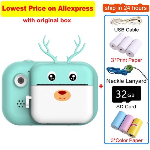 32 Go et 6 papier - Appareil photo instantané pour enfants, double caméra imprimée sans encre, écran HD 2.4 pouces, enregistreur vidéo numérique, nouveau jouet, cadeaux pour filles et garçons