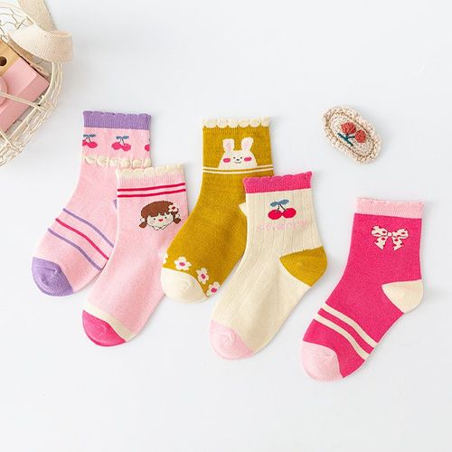 Chaussettes Courtes En Tricot Pour Filles, Lot De 5 Paires De Chaussettes Chaudes De Dessin Animé, Motif De Fleurs Roses, Pour Nouvel An, Pour Enfants Et Femmes