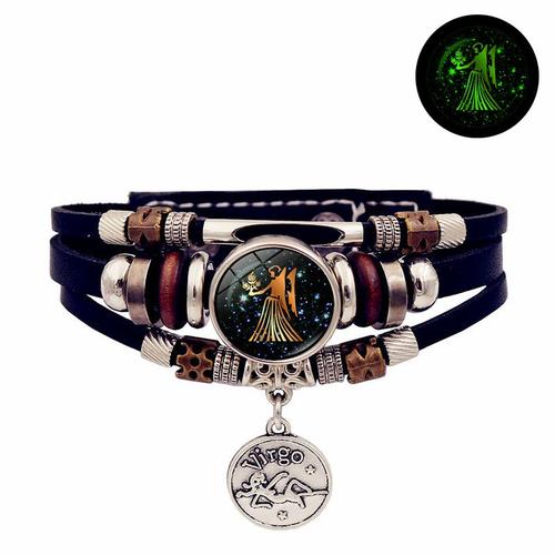 Lumineuse-Vierge - Bracelet Lumineux Vintage 12 Constellations Pour Hommes Et Femmes, Tressé Punk En Cuir, Cadeau'anniversaire, Brille Dans La Nuit