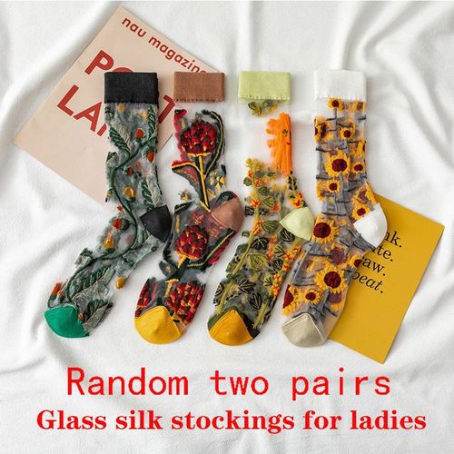 2 Paires De Chaussettes D'été Pour Femmes, Fines, Tendance, Style Européen Et Américain, Motif Fleuri, Style Mori, Verre Filé, Respirantes