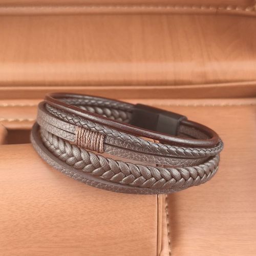 Bracelet En Cuir De Vache Pour Hommes, Bijoux Quotidiens, Fait Vous À La Mode, Classique, Vintage, Corde À Main Multicouche Marron, En Acier Titane