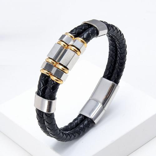 Or Blanc - 23cm - Bracelet Multicouche En Cuir Véritable Pour Hommes, Bijoux À La Mode, Breloques Géométriques En Acier Inoxydable, Cadeaux Pour Hommes