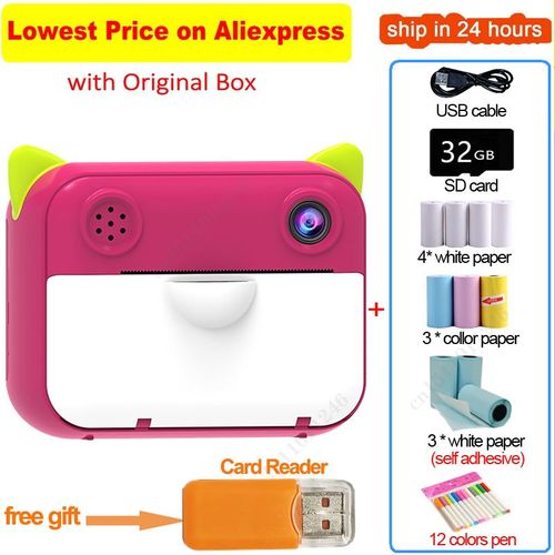 avec cadeau - 10 papier 12 Pen 32G - Appareil photo thermique instantané sans encre pour enfants, nouveau jouet pour filles et garçons, pour photographie, vidéo, cadeaux'anniversaire