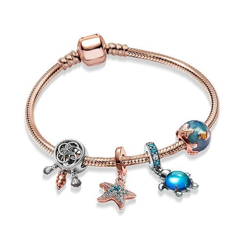 Or Rose - 17cm - Bracelet Original Pour Enfants, Collection Océan, Tortue Bleue, Hippocampe, Narwhal, Dauphin Perlé, Pour Garçons Et Filles