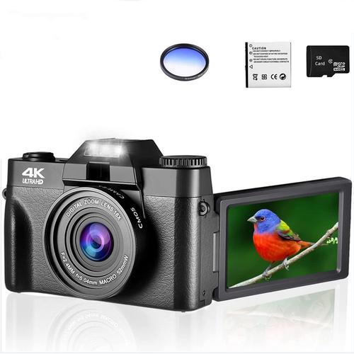 Pas de carte TF - Avec filtre - Caméra numérique 48mp 4K UHD Vlogging, caméscope 3.0 pouces, écran rabattable à 180 °, Webcam numérique Selfile pour YouTube, objectif Macro grand Angle