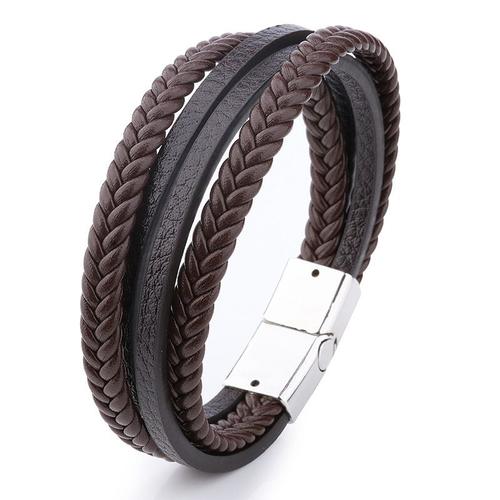 H24029 - Bracelet Tendance En Cuir Véritable Pour Hommes Et Femme, Gourmette Multicouche, En Acier Inoxydable, En Cordon Tressé, Bijou Unisexe