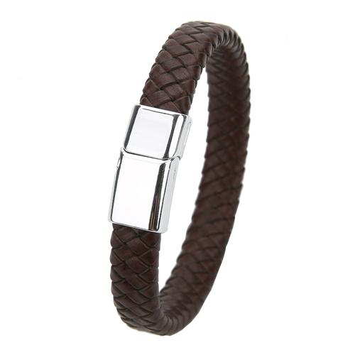 Marron-Rhodium - 10x5mm - 20,5 Cm - Bracelet Tressé En Cuir Noir Pour Hommes, Bijoux Punk À La Mode Avec Fermoir Magnétique En Métal, Taille 10x5 12x6mm