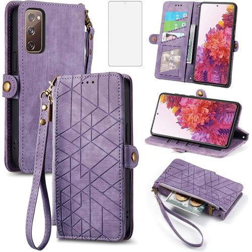 Étui Portefeuille Pour Samsung Galaxy S20 Fe 5g 6,5"" Avec Protecteur D'écran En Verre Trempé Et Fermeture Éclair Porte-Cartes Pour S 20 Ef Uw S20fe5g S20fe 20s S2o Fan Edition 4g G5 Violet