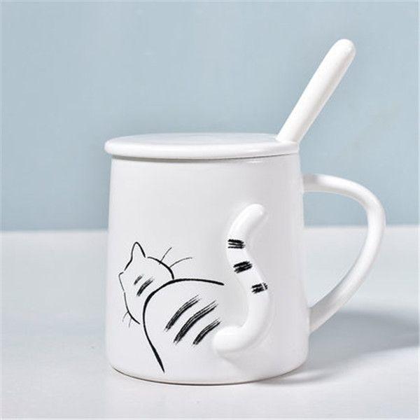 Tasse à café en queue de chat de 350ml, Tasse en céramique résistante à la  chaleur avec couvercle et cuillère, maison bureau petit déjeuner lait tasse  de thé cadeaux de boissons