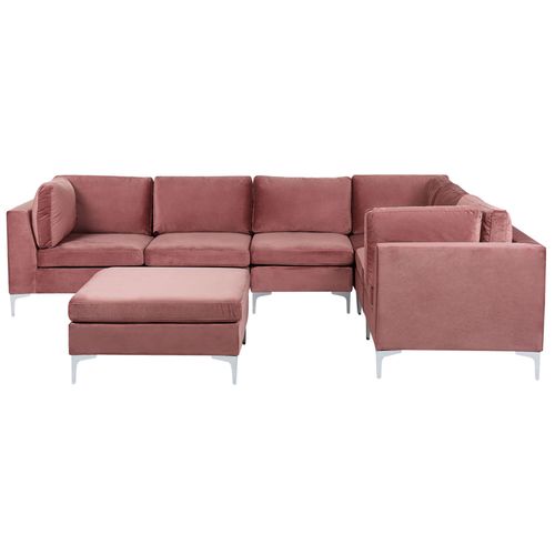 Canapé D'angle Modulaire 6 Places Côté Gauche Avec Ottoman En Velours Rose Evja