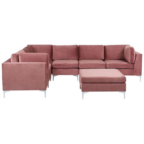 Canapé D'angle Modulaire 6 Places Côté Droit Avec Ottoman En Velours Rose Evja