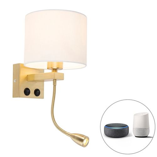 Qazqa Art Deco /Moderne Smart Wandlamp Goud Met Witte Kap Incl. Wifi A60 - Brescia Acier /Tissu Blanc,Doré Rond / Lampe De Lecture / Luminaire / Lumiere / Éclairage / Intérieur / Salon /...