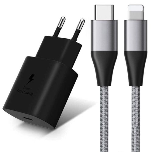 Chargeur Usb-C 25w + Câble Usb-C Vers Lightning 1 Mètre 3a Gris Pour Iphone 14 Pro Max, 14 Plus, 14 Pro, 14, 13, 12, 11 - E.F.Connection