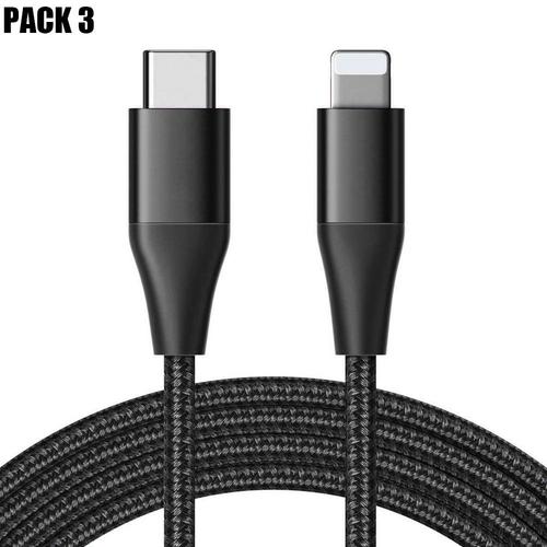 3x Câble USB-C vers Lightning Rapide 3A pour iPhone 14 Pro Max, 14 Plus, 13 Pro Max, 13 mini, 12 11 - Nylon Tressé Noir 1M - E.F.Connection