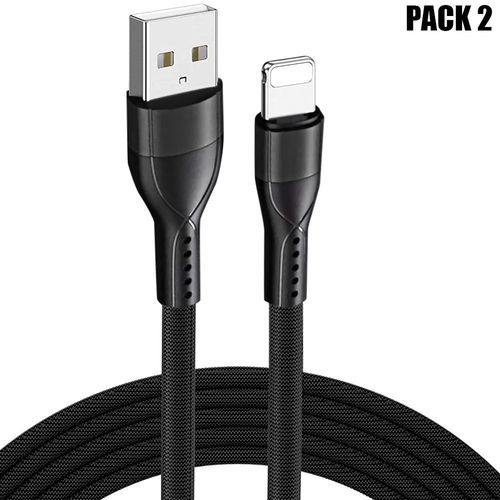 Lot de 2 Câble USB Rapide 3A pour iPhone 14, 13, 12, 11, XR, XS, 8, 7, 6 - 1 Mètre Noir Nylon Fin Tressé - E.F.Connection