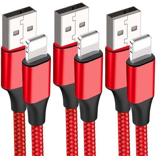 Lot de 3 Câble USB Rapide Nylon pour iPhone 14, 14 Plus, 14 Pro Max, 13, 13 Pro Max, 12 11 XS Max XR 8 7 6 - 1 Mètre Rouge - E.F.Connection