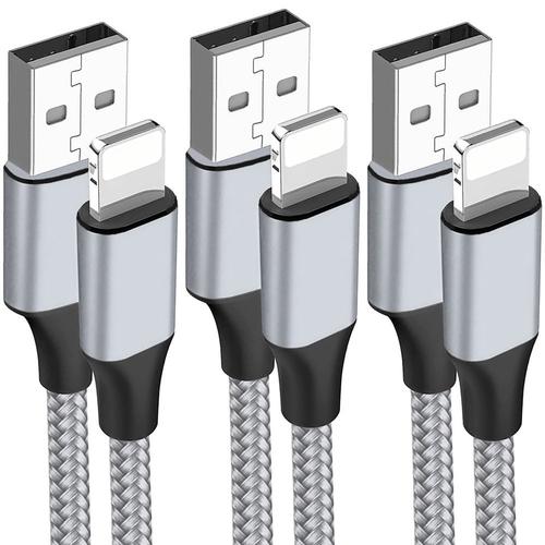 Lot de 3 Câble USB Rapide pour iPhone 14, 14 Plus, 14 Pro Max, 13, 13 Pro Max, 12 11 XS Max XR 8 7 6 - 1 Mètre Gris Nylon Tressé - E.F.Connection