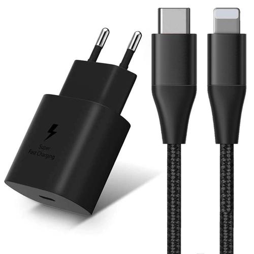 Chargeur Pd 25w + Câble Usb-C Vers Lightning 3a Pour Iphone 14 Pro Max, 14 Plus, 14 Pro, 14, 13, 12, 11 - Câble 1m Noir - E.F.Connection