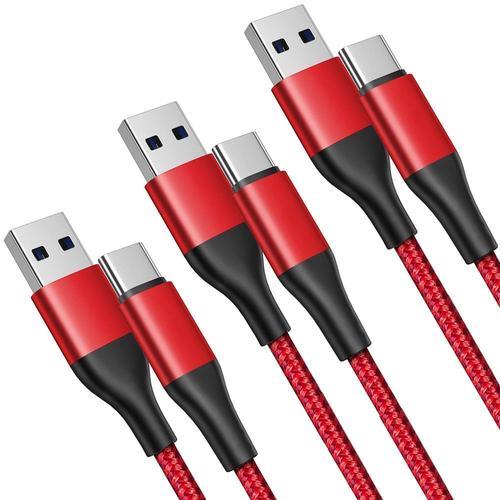 Lot de 3 Câble USB-C Rapide Nylon pour Samsung Galaxy S23 Ultra S23+ S22 Ultra S22 Plus S21 FE S21 Ultra S20 S10 S9 - 1 Mètre Rouge - E.F.Connection