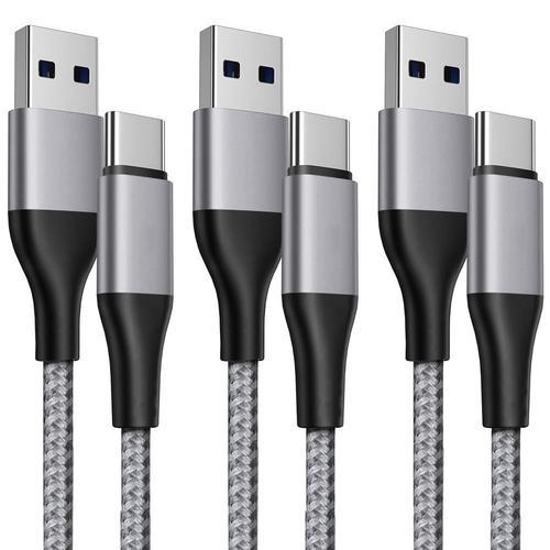 Lot de 3 Câble USB-C Rapide pour Samsung Xiaomi Redmi OPPO - 1 Mètre Gris Nylon Tressé - E.F.Connection