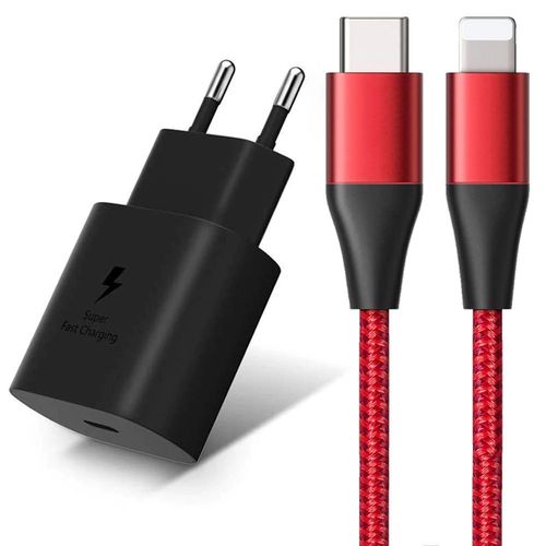 Chargeur Rapide 25w + Câble Usb-C Pour Iphone 14 Pro Max, 14 Plus, 14 Pro, 14, 13, 12, 11, Xr, Xs Max - Câble Nylon 1m Rouge - E.F.Connection